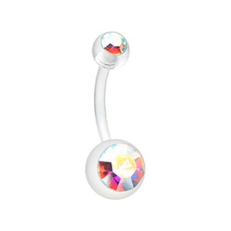 Clear/Aurora Borealis Bio Flexible Shaft Gem Ball Acrylic Belly Button Ring Belly Retainer – 1 Piece 14G (1.6mm) Length : 3/8″ (10mm) | Ball-Size : 3/16×5/16″ (5x8mm) Clear/Aurora Borealis