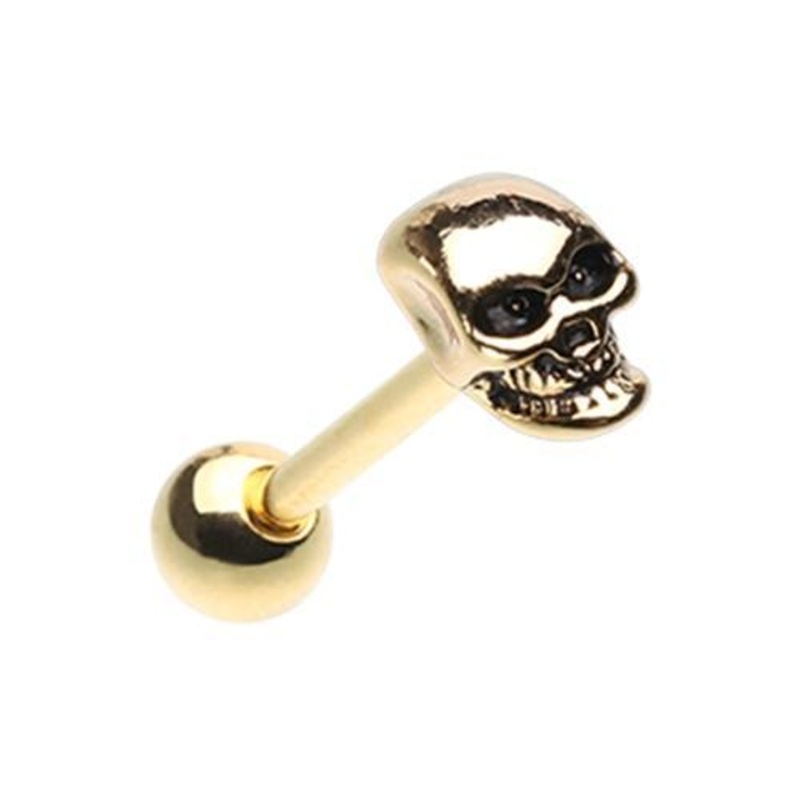 Golden Skull Head Barbell Tongue Ring 14G (1.6mm) Length: 5/8″ (16mm)