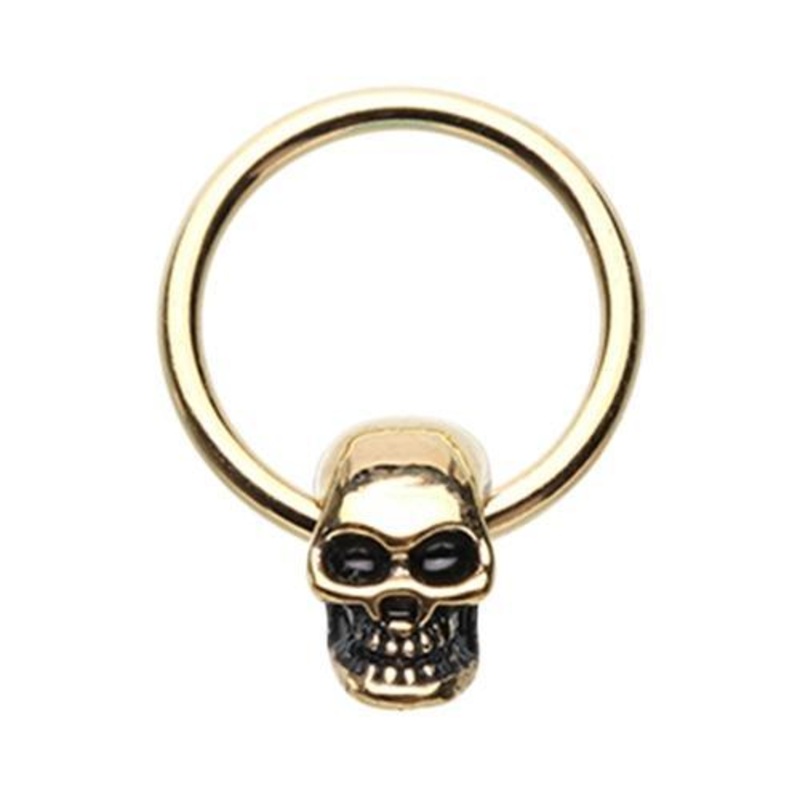 Golden Skull Head Captive Bead Ring 16G (1.2mm) Inner Diameter: 3/8″ (10mm)