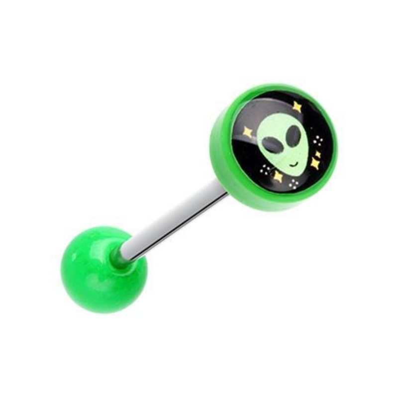 Green Out of this World Alien Logo Acrylic Barbell Tongue Ring 14G (1.6mm) Length: 5/8″ (16mm) Green