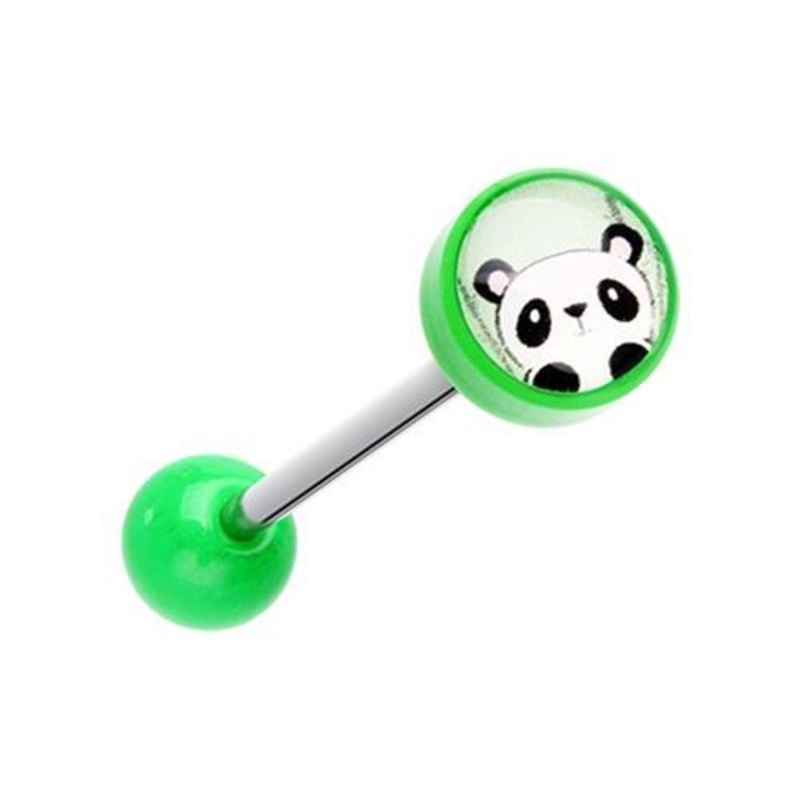 Green Peeking Panda Acrylic Logo Barbell Tongue Ring 14G (1.6mm) Length: 5/8″ (16mm) Green