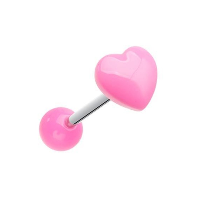 Pink Puffy Heart Acrylic Barbell Tongue Ring 14G (1.6mm) Length: 5/8″ (16mm) Pink