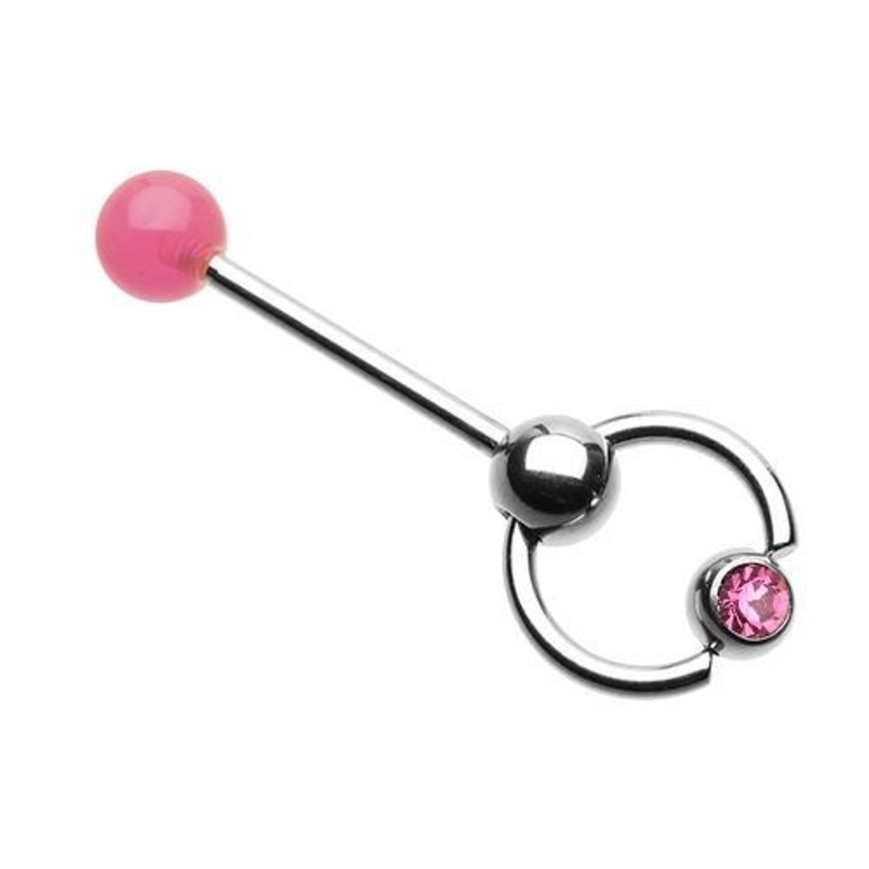 Pink Gem Ball Top Slave Barbell Ring 14G (1.6mm) Length: 5/8″ (16mm) Pink
