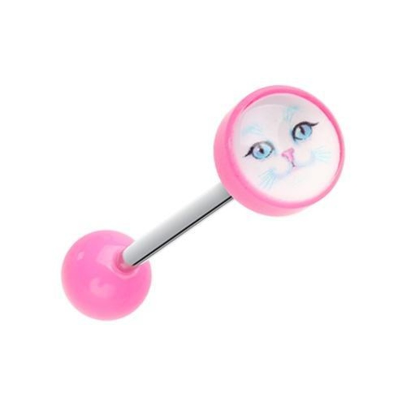 Pink Kitty Cat Face Acrylic Logo Barbell 14G (1.6mm) Length: 5/8″ (16mm) Pink