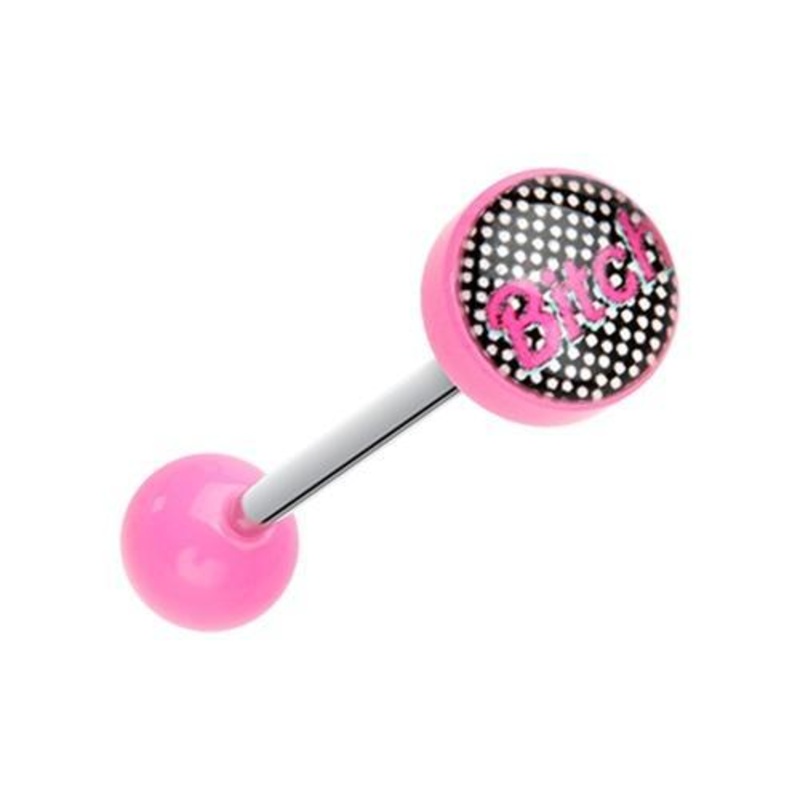 Pink Retro Bitch Acrylic Logo Barbell 14G (1.6mm) Length: 5/8″ (16mm) Pink