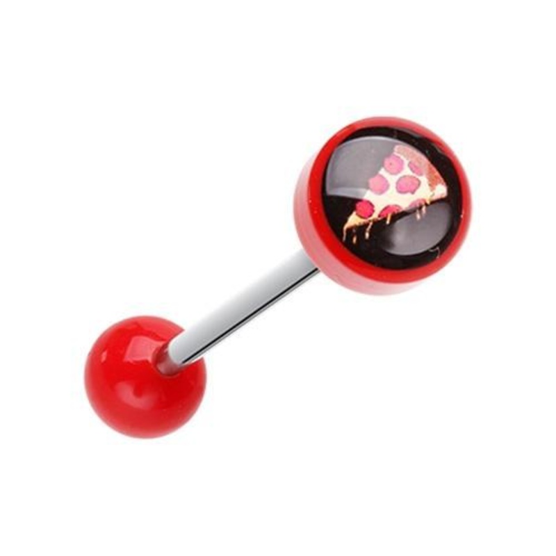 Red Feed me Pizza Acrylic Logo Barbell Tongue Ring 14G (1.6mm) Length: 5/8″ (16mm) Red