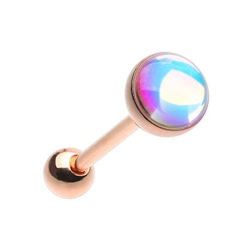 Rose Gold Synthetic Moonstone Illumilating Barbell Tongue Ring 14G (1.6mm) Length: 5/8″ (16mm)