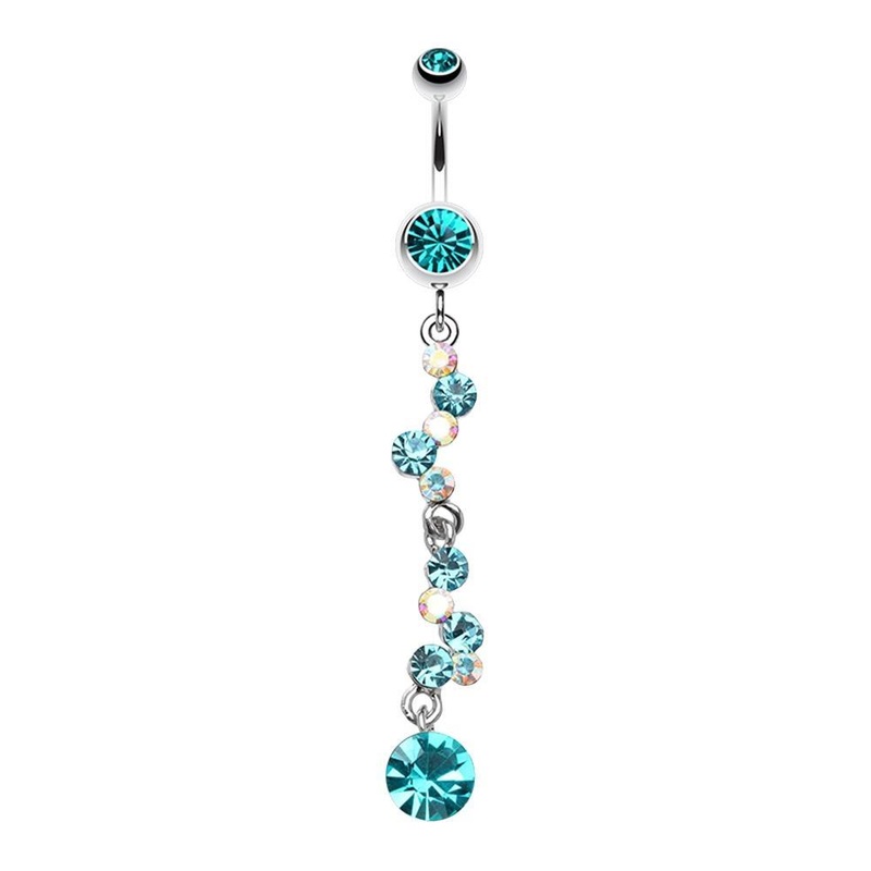 Teal/Aurora Borealis Crystal Journey Swirl Dangle Belly Ring 14G (1.6mm) Length: 3/8″ (10mm) Teal/Aurora Borealis