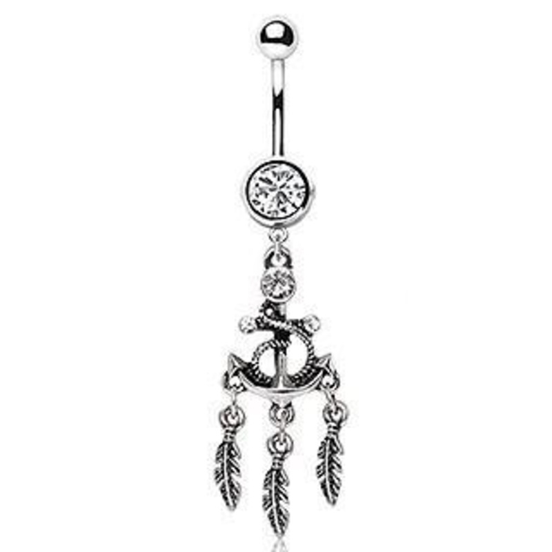 Anchor Feather Dangle Belly Ring 14G (1.6mm) Length: 3/8″