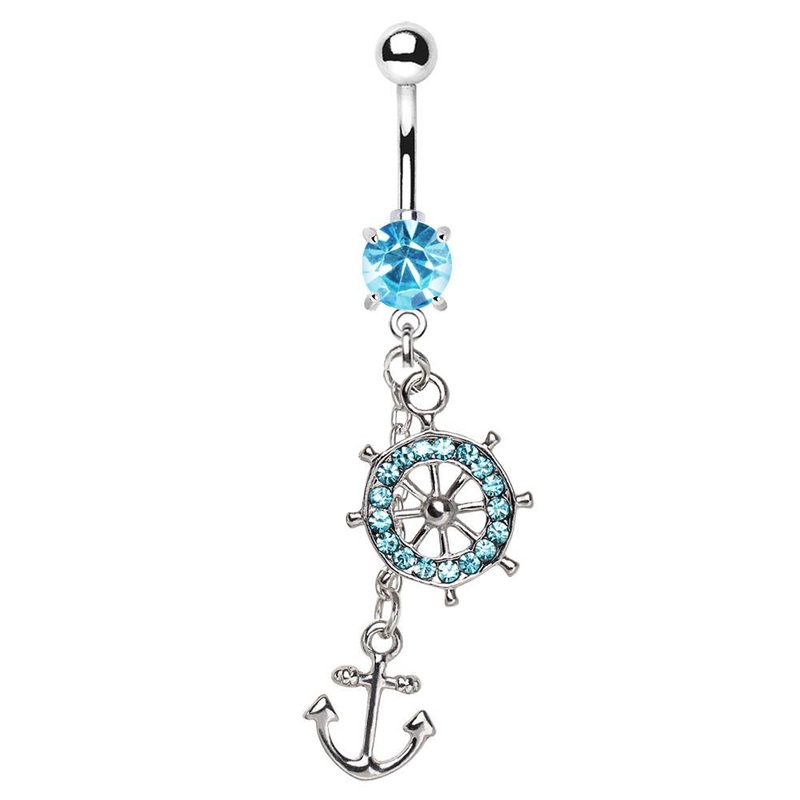 Aqua Ship Wheel Anchor Dangle Belly Ring 14G (1.6mm) Length: 3/8″