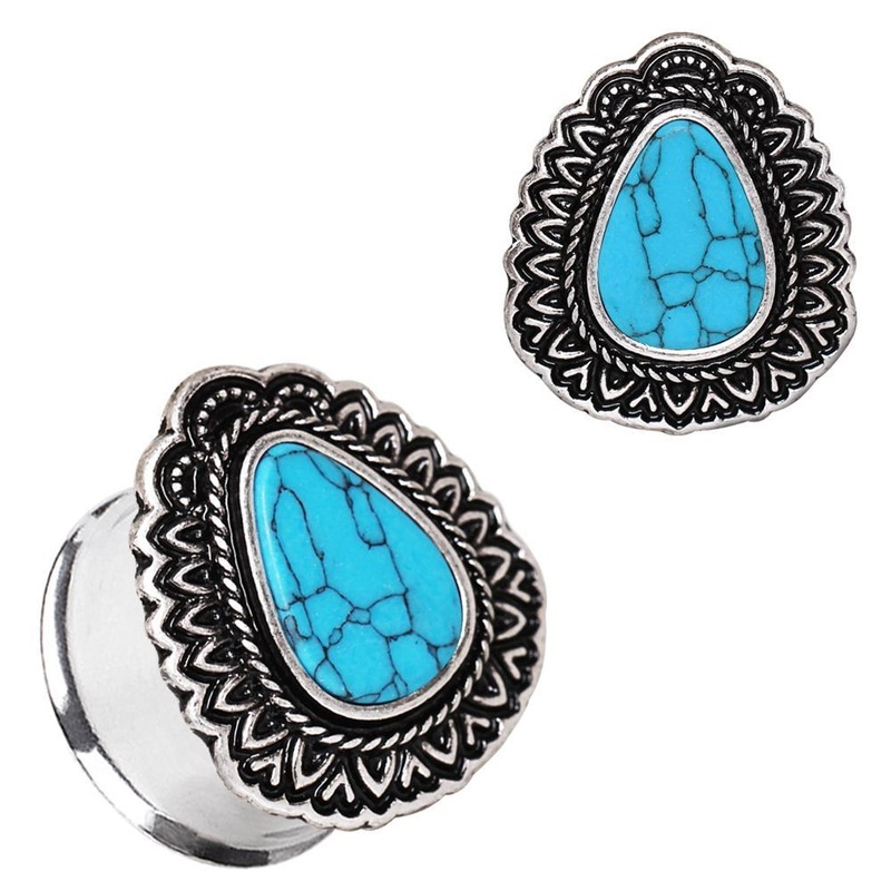 Ornate Teardrop Plug Turquoise Inlay – 1 Piece 00G (10mm)