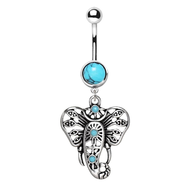Turquoise Festive Elephant Dangle Belly Ring 14G (1.6mm) Length: 3/8″