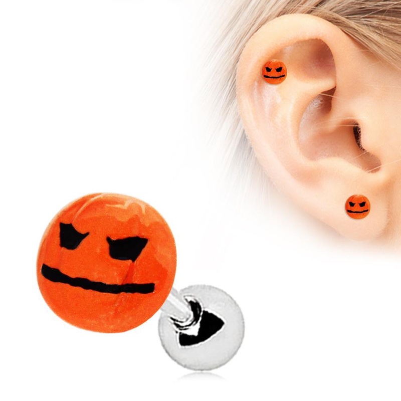 Halloween Face Pumpkin Cartilage Barbell Earring – 1 Piece 16G (1.2mm) Length: 1/4″