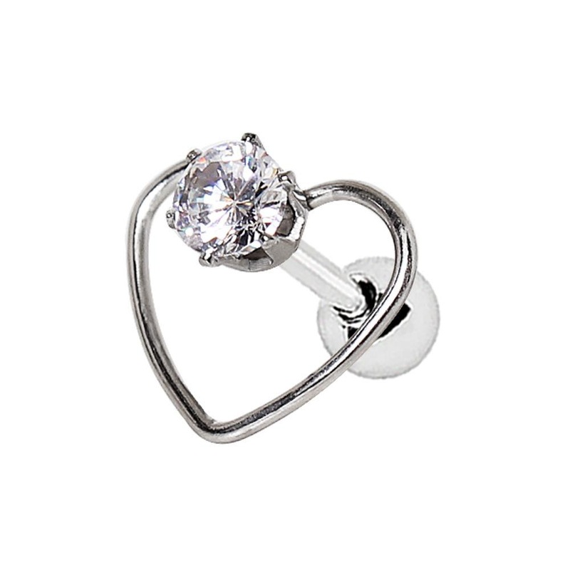 Jeweled Heart Cartilage Barbell Earring – 1 Piece 16G (1.2mm) Length: 1/4″