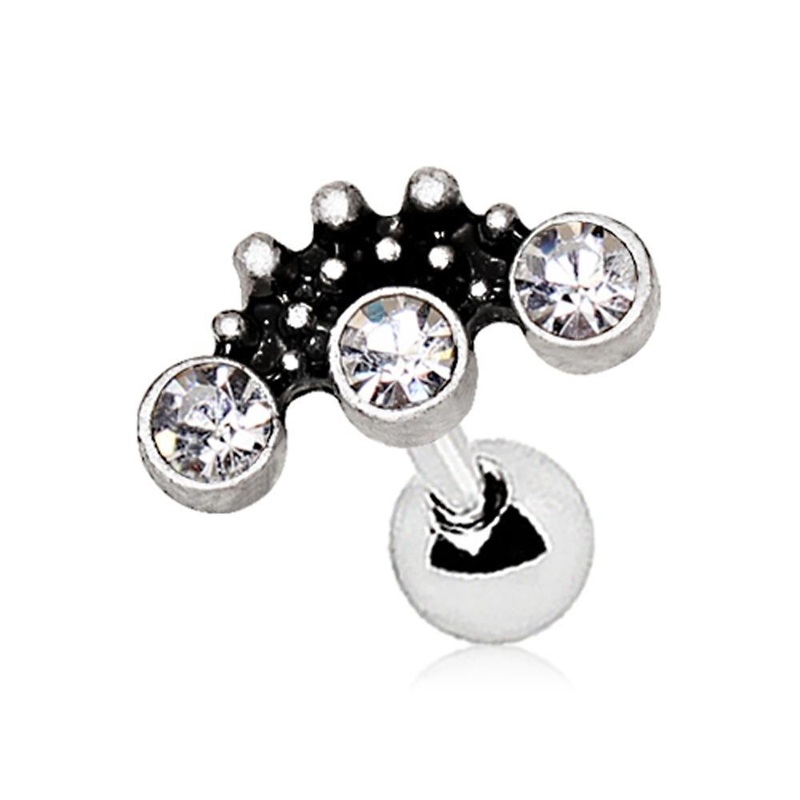 Ornate Triple CZ Cartilage Barbell Earring – 1 Piece 16G (1.2mm) Length: 1/4″