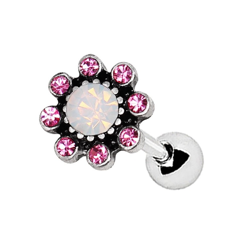 Pink Flower Cartilage Barbell Earring – 1 Piece 16G (1.2mm) Length: 1/4″