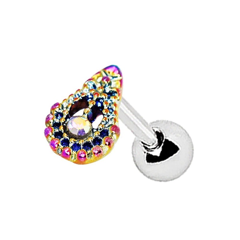 Rainbow PVD Plated Teardrop Cartilage Barbell Earring – 1 Piece 16G (1.2mm) Length: 1/4″