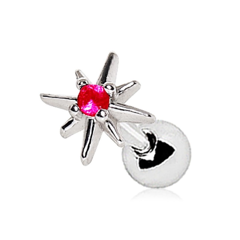 Red Jeweled North Star Cartilage Barbell Earring – 1 Piece 16G (1.2mm) Length: 1/4″