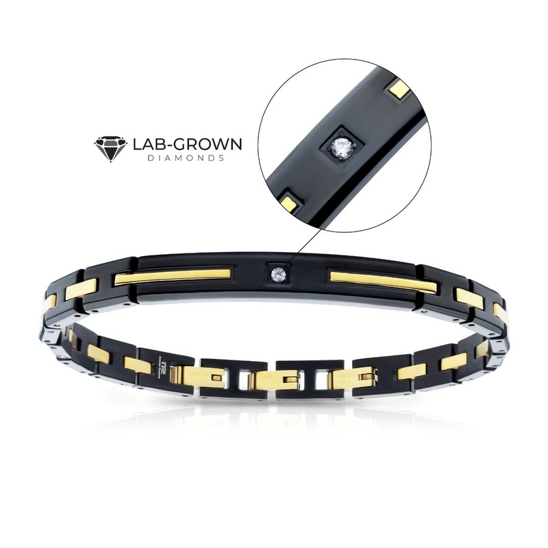 18Kt Gold IP Black IP Steel Solitaire Accented Clear Lab-Grown Diamond Link Bracelet