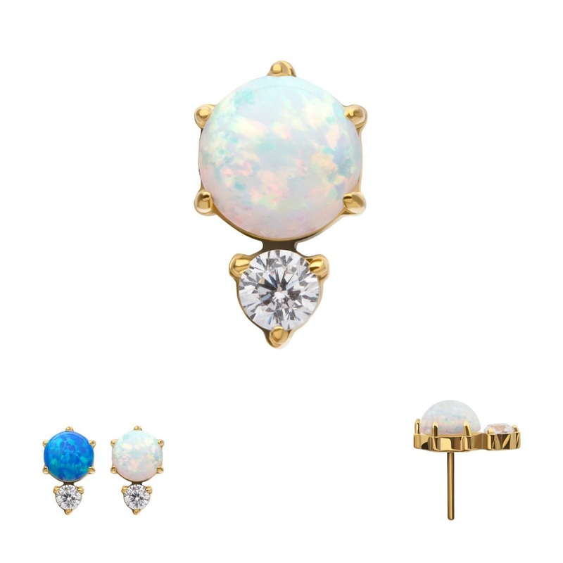 24Kt Gold PVD Threadless Prong Set Double Round Gem Synthetic Opal Top . Top: 7mm (L) x 4.2mm (W) x 3mm (THK) Clear|Blue