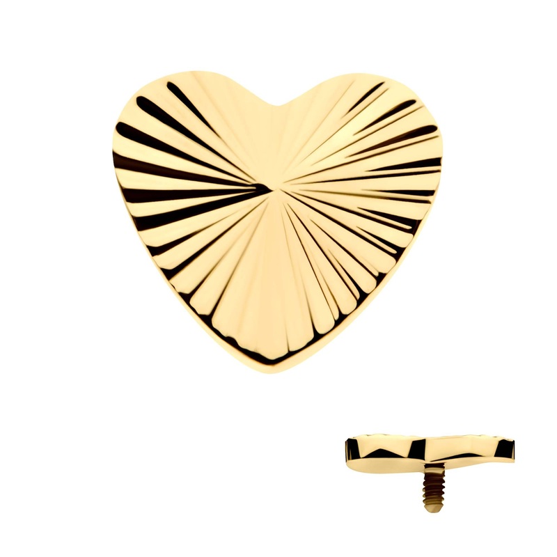 24Kt Gold PVD Titanium Internally Threaded Corrugated Heart Top 16G (1.2mm) Top: 6.4mm (L) x 6mm (W) x 1mm (THK)