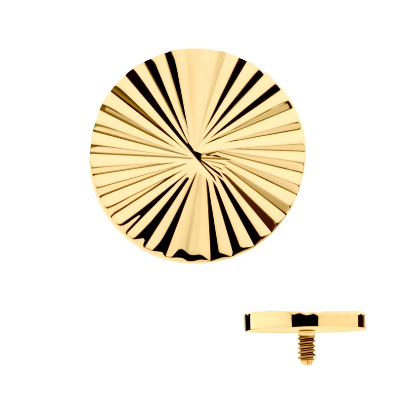 24Kt Gold PVD Titanium Internally Threaded Corrugated Round Top 16G (1.2mm) Top: 6mm (L) x 6mm (W) x 1mm (THK)
