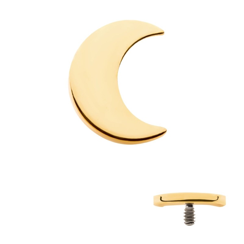 24Kt Gold PVD Titanium Internally Threaded Crescent Moon Top 1.6mm Crest 16G (1.2mm) Top: 5mm (L) x 4mm (W) x 0.8mm (THK)