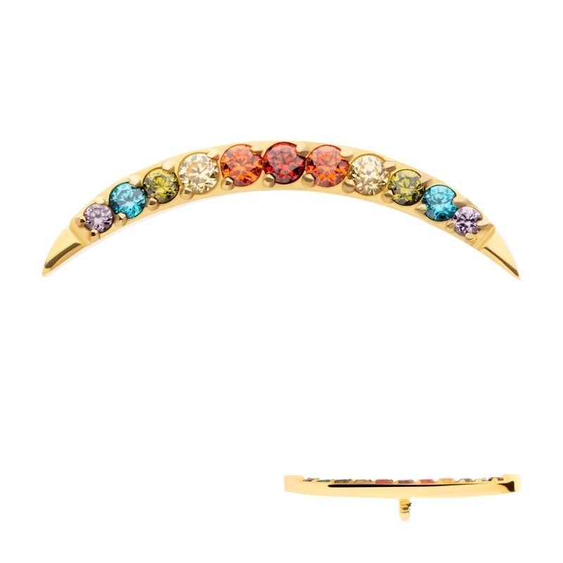 24Kt Gold PVD Titanium Internally Threaded Multicolor CZ Curved Bar Top 16G (1.2mm) Top: 16.3mm (L) x 4.5mm (W) x 1.5mm (THK) Multicolor