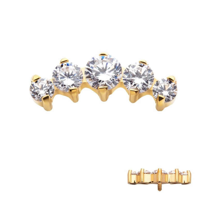 24KT Gold PVD Titanium Internally Threaded Prong Set Clear CZ 5-Cluster Top 16G (1.2mm) Top: 12.4mm (L) x 4.4mm (W) x 3mm (THK) Clear