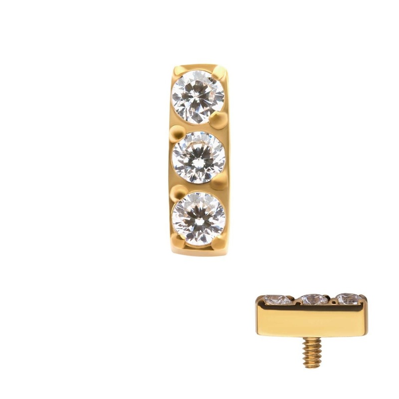 24KT Gold PVD Titanium Internally Threaded Prong Set Clear CZ Bar Top 16G (1.2mm) Top: 4.88mm (L) x 1.65mm (W) x 1.76mm (THK) Clear