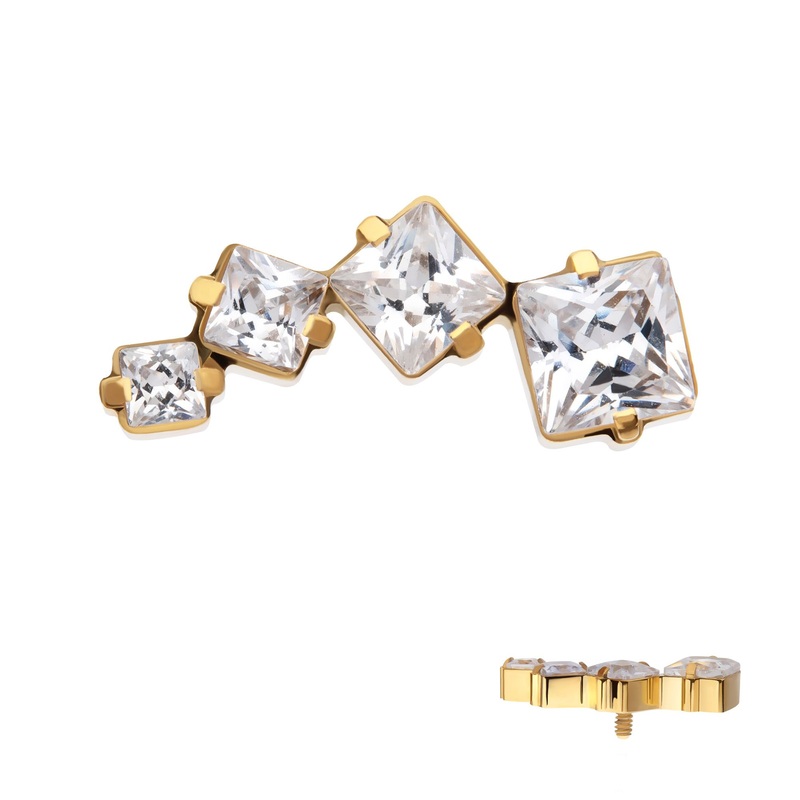 24Kt Gold PVD Titanium Internally Threaded Prong Set Princess Cut Gem Staggered 4-Cluster Top 16G (1.2mm) Top: 12mm (L) x 5mm (W) x 2.3mm (THK) Clear