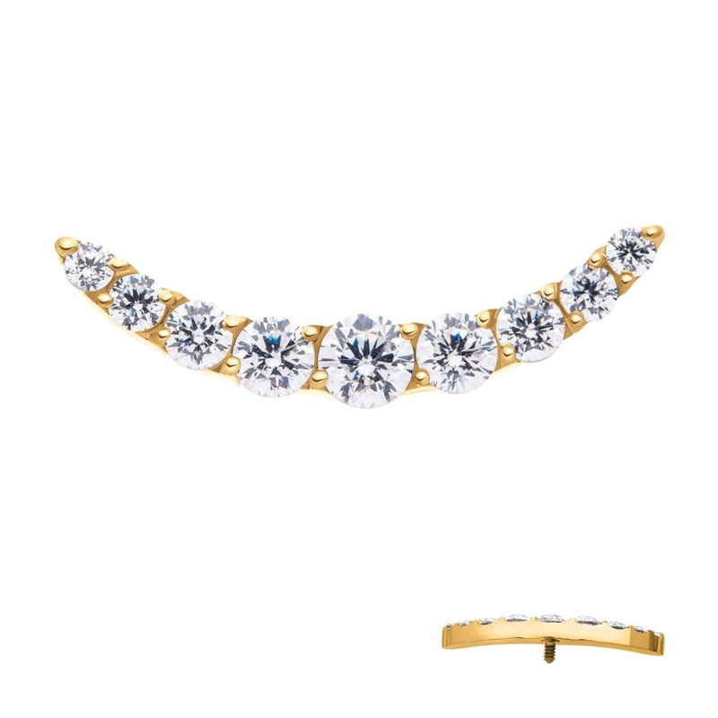 24Kt Gold PVD Titanium Internally Threaded Prong Set Round CZ 9-Cluster Top 16G (1.2mm) Top: 16mm (L) x 4.6mm (W) x 2mm (THK) Clear