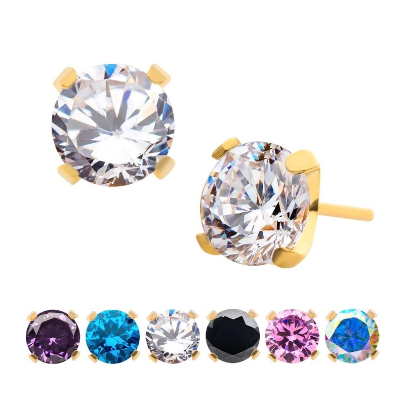 24KT Gold PVD Titanium Threadless 4-Prong Set CZ Front Facing Top . Top: 2.3mm (DIA) x 1.6mm (THK) | Gem- 2mm Aurora Borealis