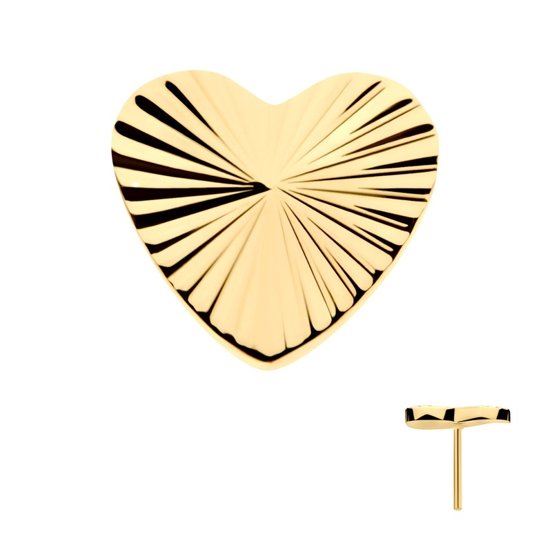 24Kt Gold PVD Titanium Threadless Corrugated Heart Top . Top: 6.4mm (L) x 6mm (W) x 1mm (THK)