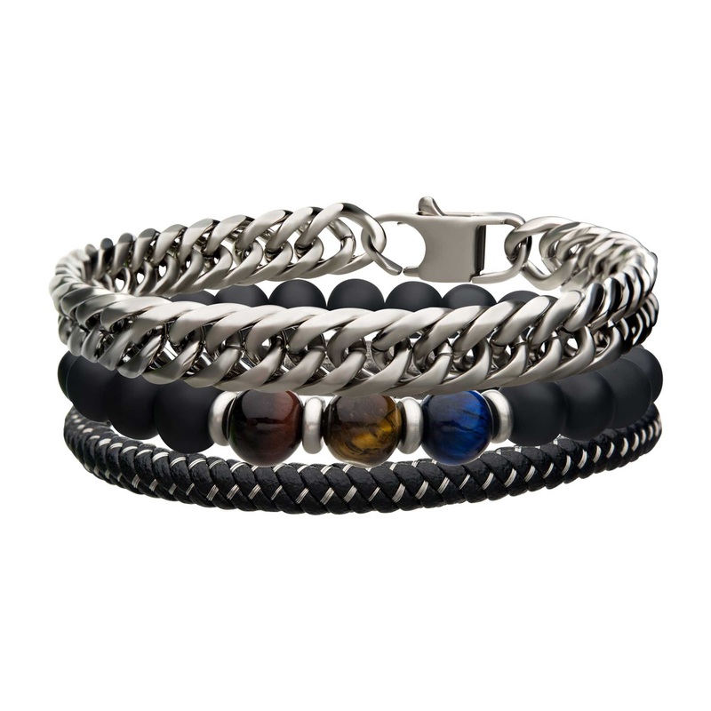 Black Braided Leather, Stone Beads Stainless Steel Curb Chain Stackable Bracelet