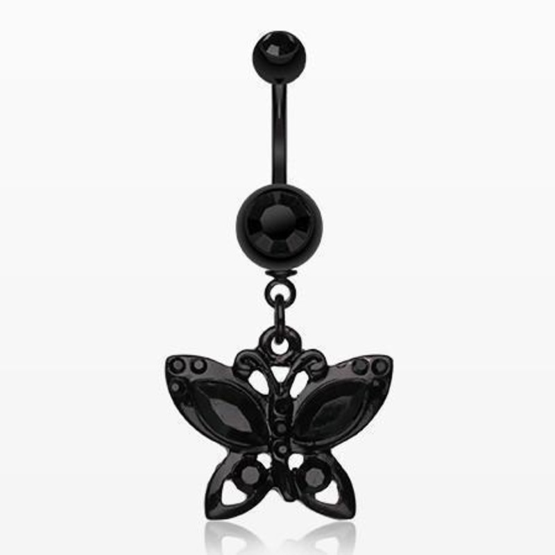 Black Butterfly Sparkle Dangle Belly Ring 14G (1.6mm) Length: 3/8″ (10mm)