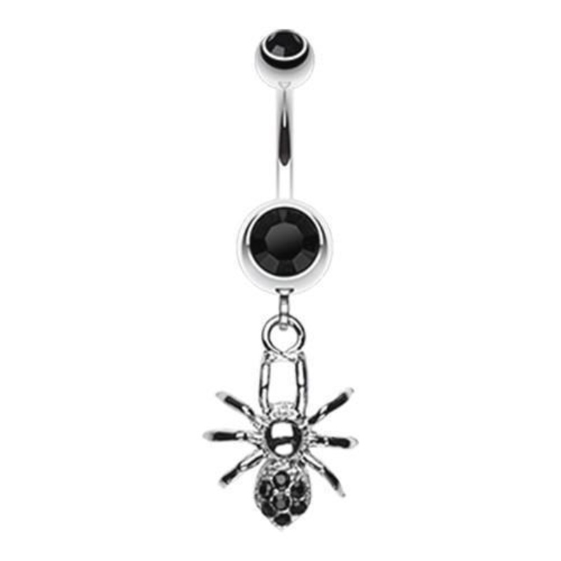 Black Spider Sparkle Dangle Belly Ring 14G (1.6mm) Length: 3/8″ (10mm)