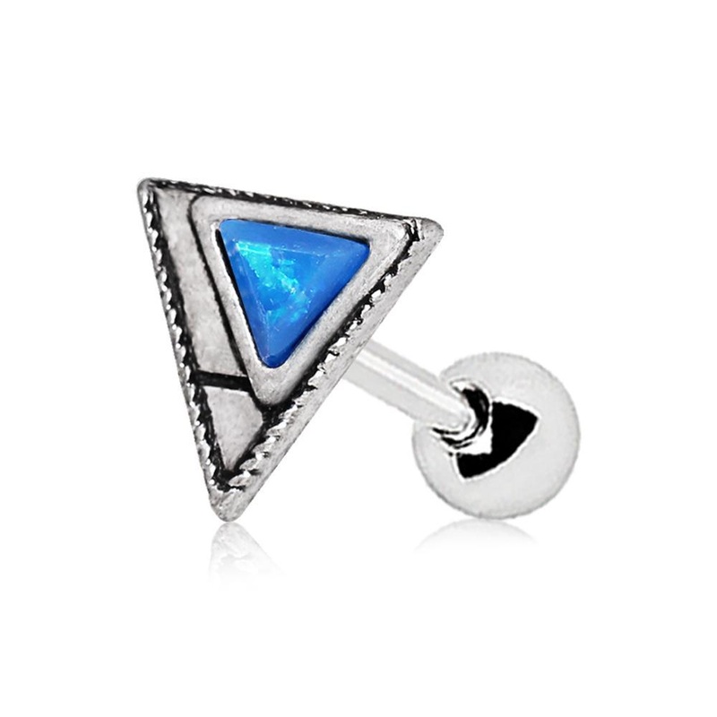 Blue Synthetic Opal Triangle Cartilage Barbell Earring – 1 Piece 16G (1.2mm) Length: 1/4″ (6mm) Blue