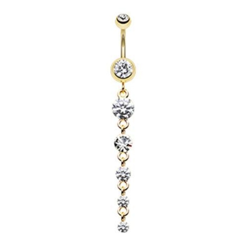 Clear Golden Crystalline Droplets Fall Dangle Belly Ring 14G (1.6mm) Length: 3/8″ (10mm) Clear