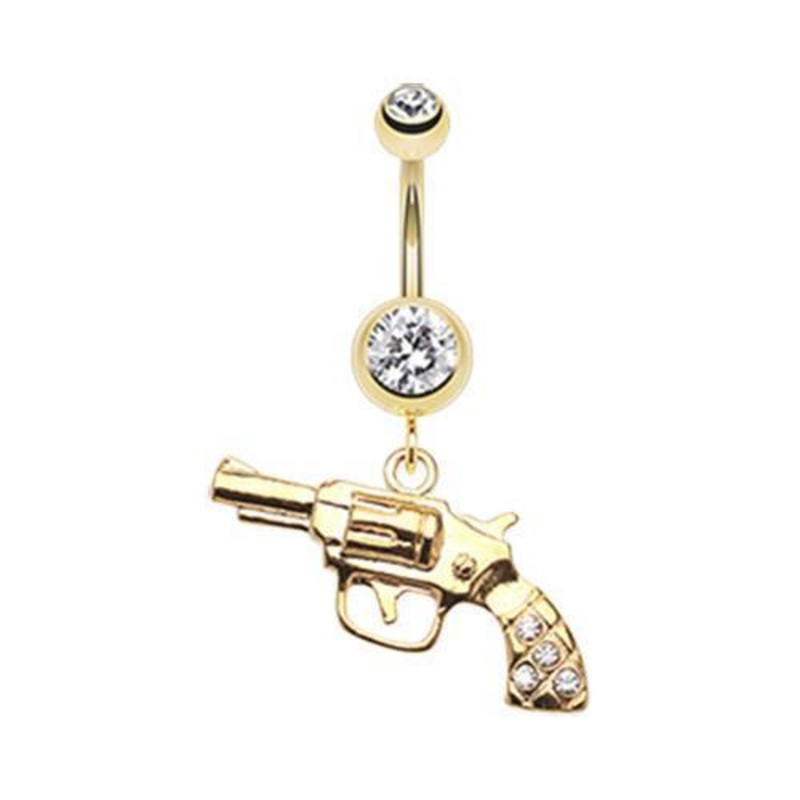 Clear Golden Pistol Gun Sparkle Dangle Belly Ring 14G (1.6mm) Length: 3/8″ (10mm)