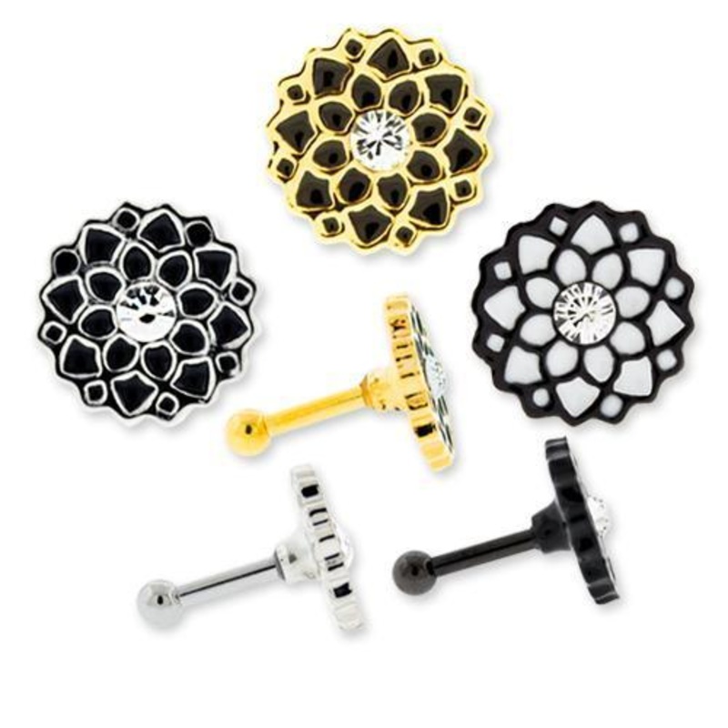 Flower Tragus Cartilage Barbell Earring – 1 Piece 16G (1.2mm) Length: 1/4″ (6mm) BLACK