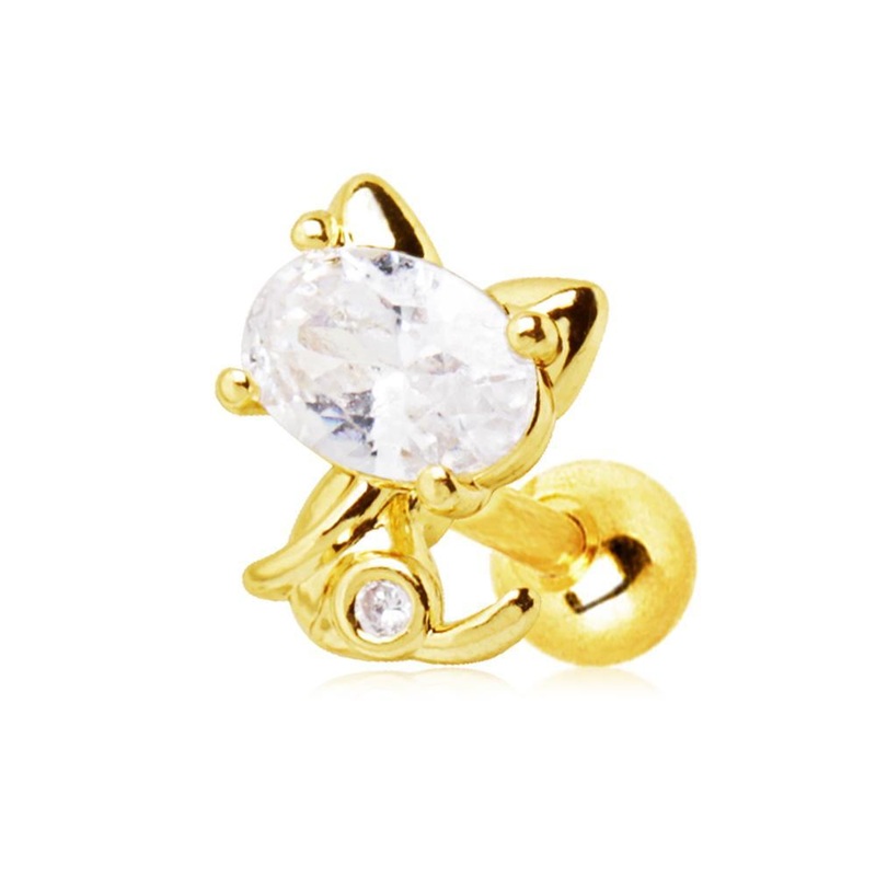 Gold Plated Jeweled Kitty Cat Cartilage Barbell Earring – 1 Piece 16G (1.2mm) Length: 1/4″