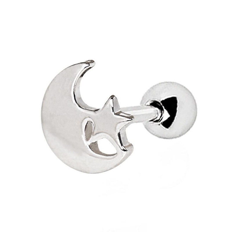 Moon and Star Cartilage Barbell Earring – 1 Piece 16G (1.2mm) Length: 1/4″