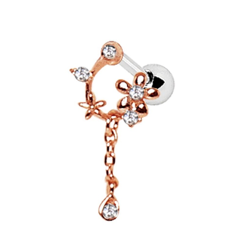 Rose Gold Plated Enchanted Flower Vine Dangle Cartilage Barbell Earring – 1 Piece 16G (1.2mm) Length: 1/4″