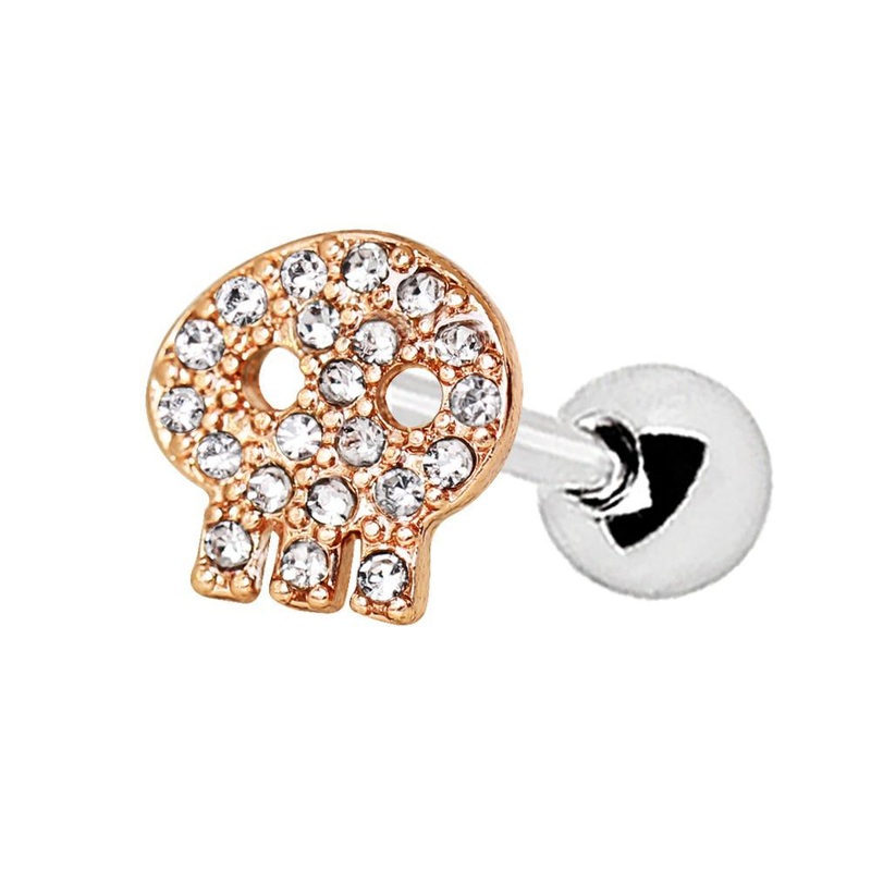 Rose Gold Plated Gleaming Skull Cartilage Barbell Earring – 1 Piece 16G (1.2mm) Length: 1/4″