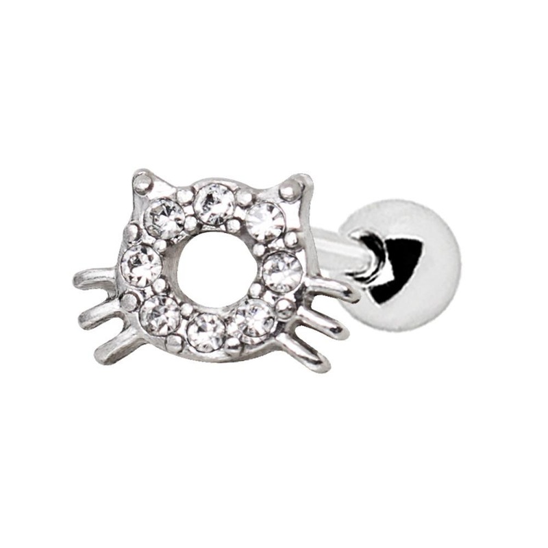 Sparkling Kitty Cat Cartilage Barbell Earring – 1 Piece 16G (1.2mm) Length: 1/4″