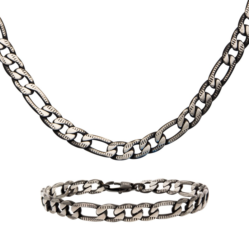 Stainless Steel Black IP Diamond Cut Figaro Chain Bracelets – 1 Set