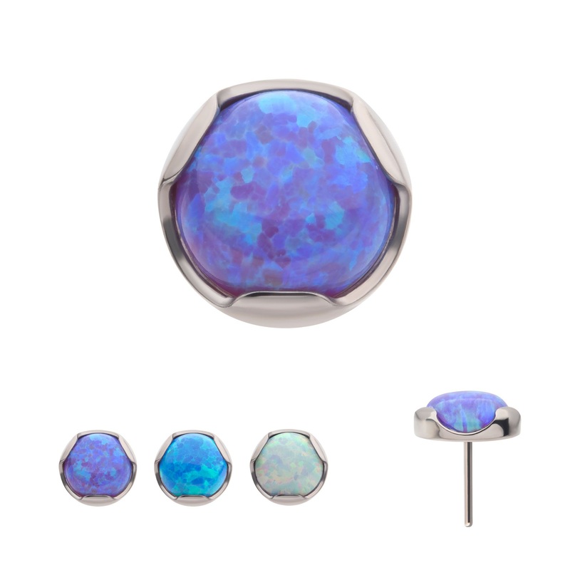 Titanium Threadless 3-Prong Set Opal Low Profile Top . Top: 4mm (DIA) x 2mm (THK) | Gem- 3mm Blue Opal