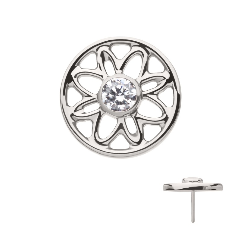 Titanium Threadless Bezel Set Gem Flower Mandala Top . Top: 8.5mm (L) x 8.5mm (W) x 1mm (THK) Clear
