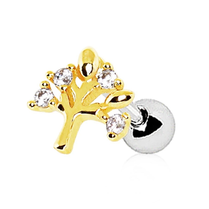 Yellow Gold Plated Sparkling Tree of Life Cartilage Barbell Earring – 1 Piece 16G (1.2mm) Length: 1/4″